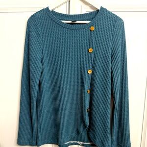 Emery Rose Size Medium Waffle Knit Blue Long Sleeve Crew Neck Top Button Detail